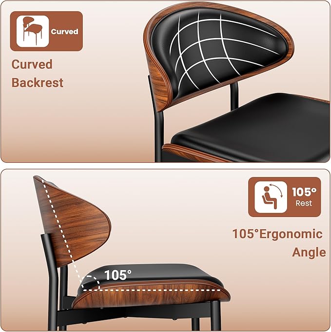 Dining Chairs Set of 6, Dining Room and Kitchen Chairs, Mid Century Modern Retro Chair, Upholstered PU Leather Chairs for Vanity with Walnut Bentwood and Metal Legs (Black)