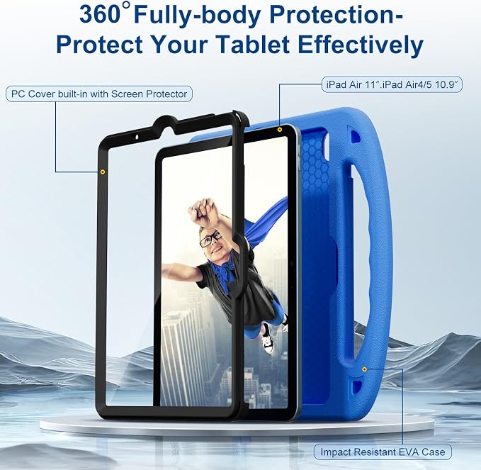Kids Case for iPad Air 11-Inch (M4/M3/M2 2026/2025/2024) | iPad Air 5th Gen (2022) / 4th Gen (2020) 10.9 Shockproof Cover with Built-in Screen Protector and Stand (Black+Blue)
