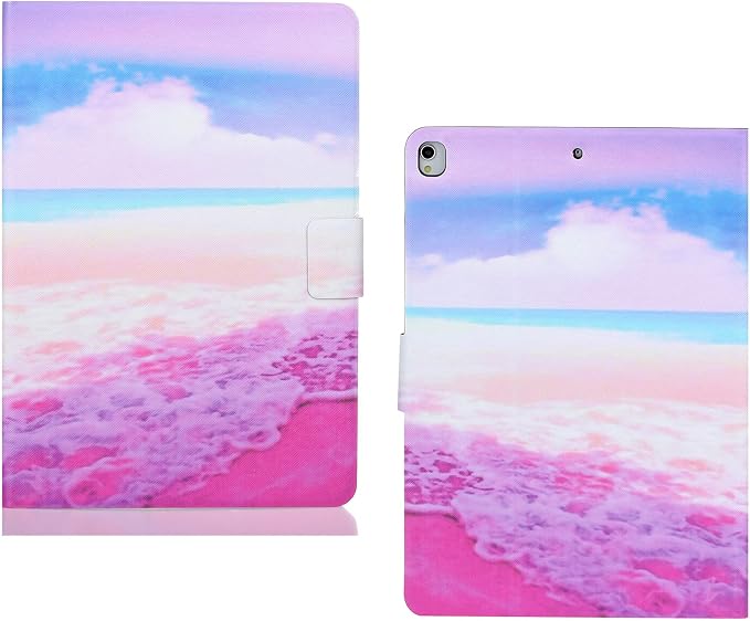 for Apple iPad 9th/8th/7th Generation 10.2 Inch Case 2021/2020/2019Smart PU Leather Folio Stand Magnetic Wallet with Card Pockets [Auto Wake/Sleep] Soft TPU Shockproof Cover Pink Beach Sea
