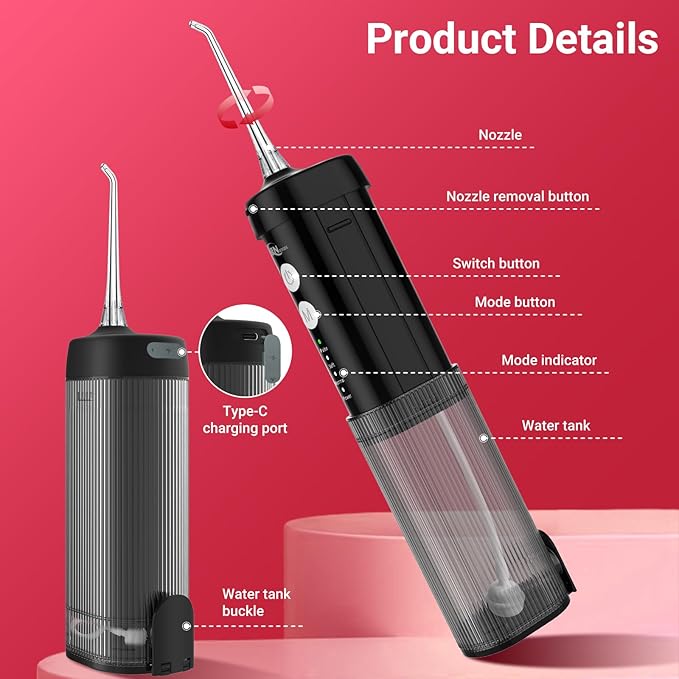 JNGOODS Mini Portable Water Flosser Oral Irrigator Water Teeth Cleaner Pick, Telescopic Water Tank, 4 Modes & IPX7 Waterproof, Home & Travel Water Flossers for Teeth, Braces Bridges Care. (Black)