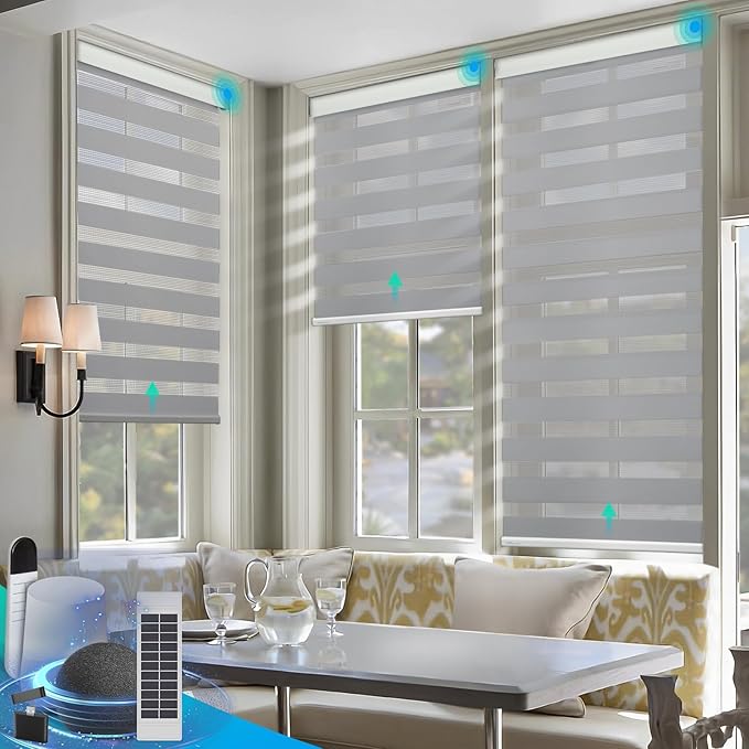 DENFOON Motorized Zebra Blinds, Solar Powered Dual Layer Automatic Shades with Remote Control, Rechargeable Smart Blinds Horizontal Wireless Electric Shades for Windows, Custom Size, Gray， 34 x 72