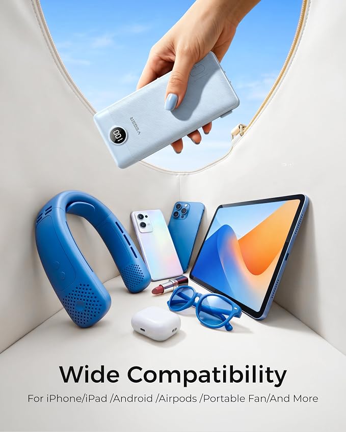 VEGER Portable Charger for iPhone Power Bank Built in Cable and Wall Plug | 10000mAhUltra Slim&ampCompact5 OutputsLED DisplayFlight-SafeTravel Essentials Battery Pack for iPhone 17iPad Samsun