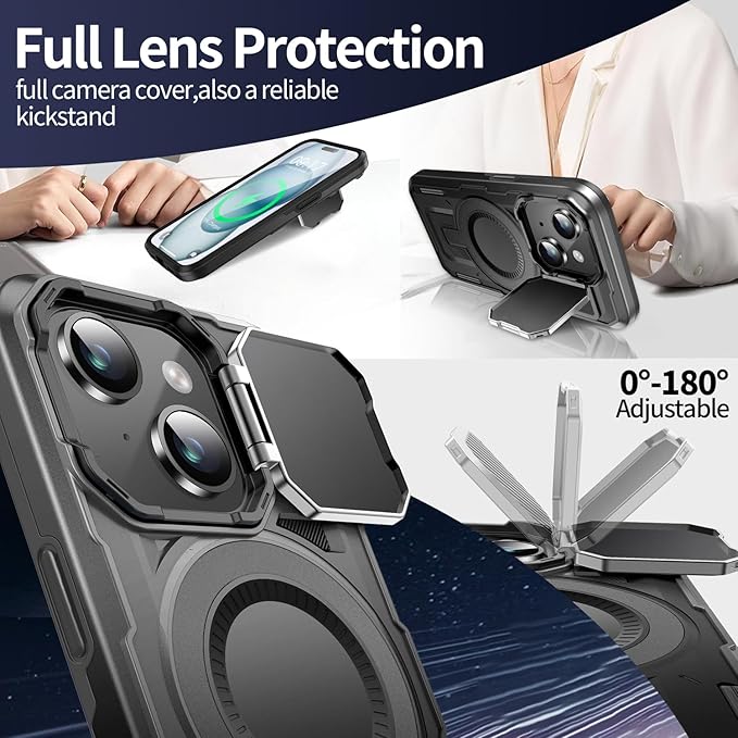 Camera Stand Case for iPhone 15, [Compatible with MagSafe] [Lens Cover] 2024 Version Military Grade Protective Soft Case for iPhone 15 6.1 inch Men Women, Black