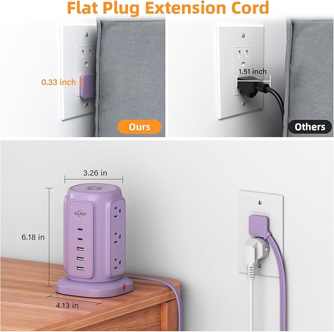 AiJoy Power Strip Tower with 9 Outlets and 5 USB Ports (2 USB C), 1200J Surge Protection, 1625W 6.5ft Flat Plug Extension Cord with Multiple Outlets Extender for Dorm Home Office Supplies, Purple