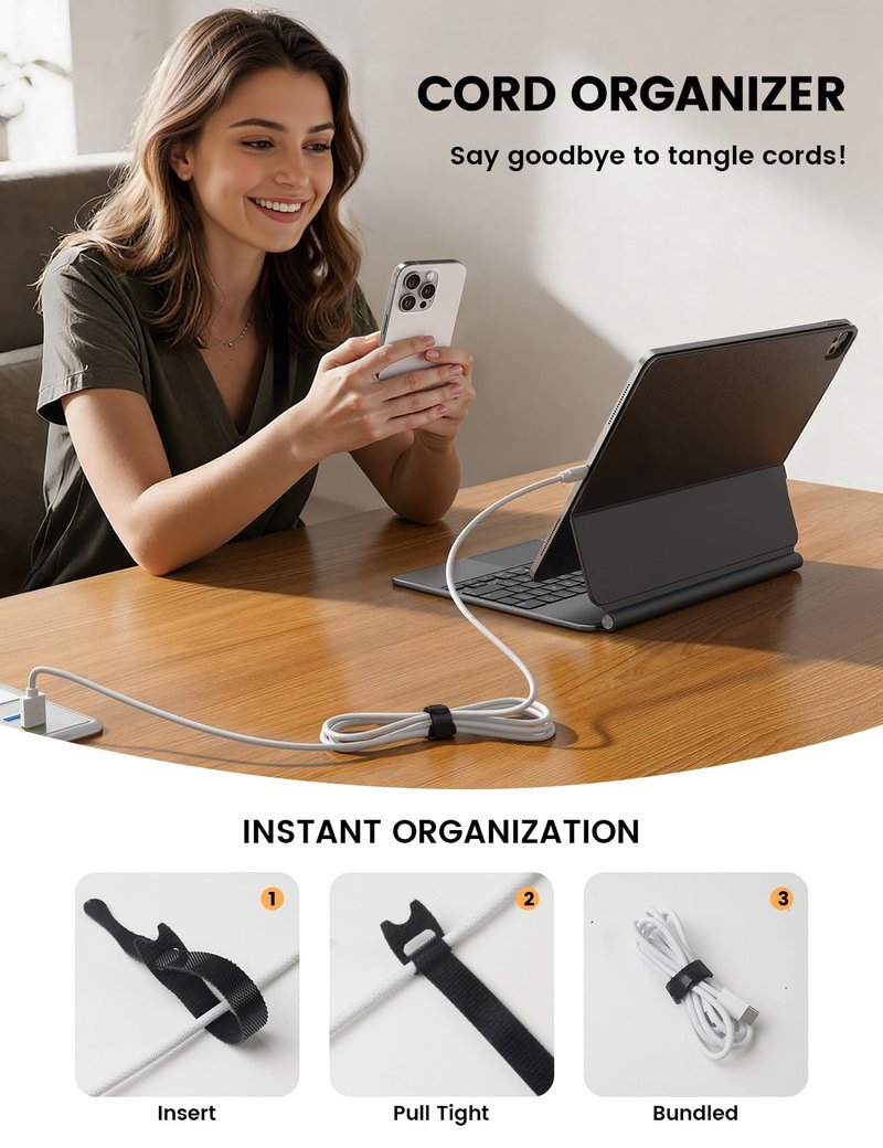 Lamicall 60PCS Reusable Cable Ties, Upgraded Tapered Tail for Effortless Threading, 6-Inch Durable Nylon Hook and Loop Cord Organizer Straps, Adjustable Cable Management for Desk, PC, Home & Office