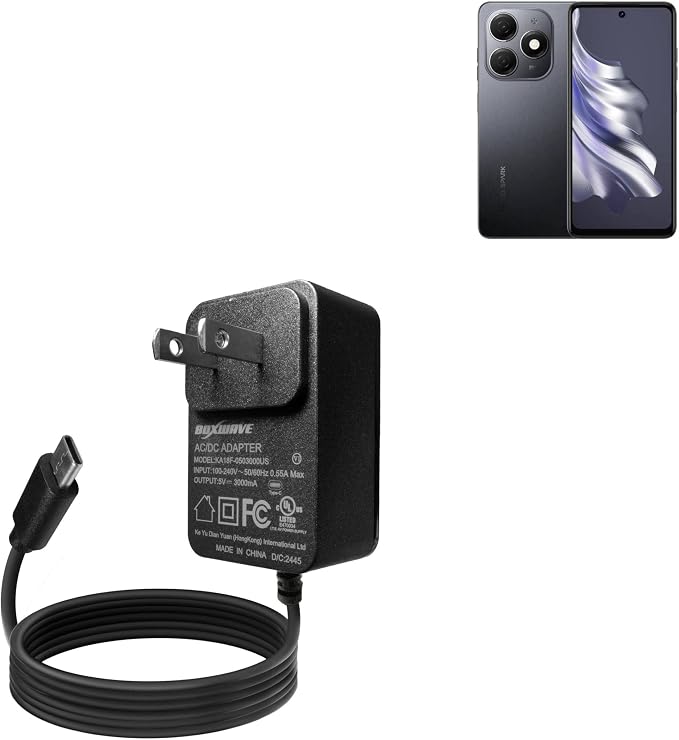 BoxWave Charger Compatible with Tecno Spark 20 - Wall Charger Direct (15W) Rapid Charge Your Device with Built-in 3ft Cable