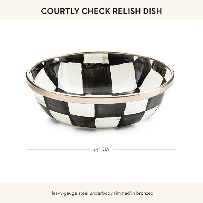 MACKENZIE-CHILDS Enamel Relish Dish, Small Serving Bowl for Entertaining, Black-and-White Courtly Check