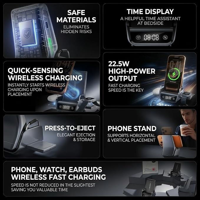 4 in 1 Wireless Charging Stand with Digital Clock 22.5W Fast Wireless Charger Station for iPhone Apple Watch &amp AirPods