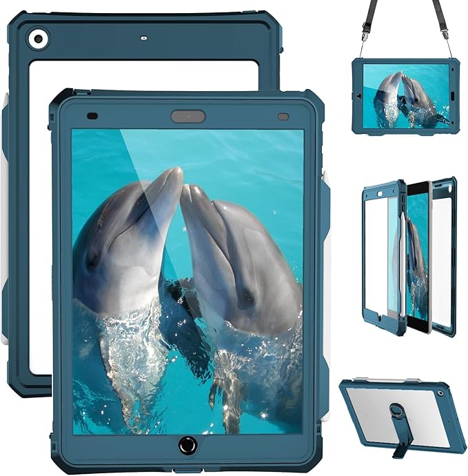 10.2 Waterproof Case Compatible with iPad 9th 8th 7th Generation 2021/2020/2019 Built-in Screen Protector with Strap Stand Pencil Holder Full Body Heavy Duty Protective Shockproof