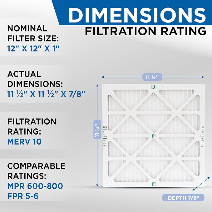Glasfloss 12x12x1 MERV 10 Pleated Air Filters Box of 6. Actual Size: 11-1/2 x