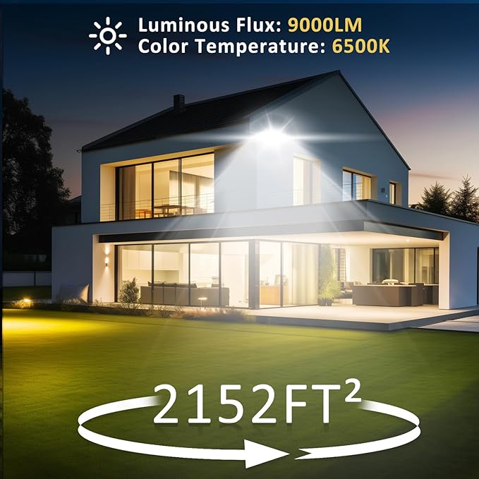 100W Flood Lights Outdoor,9000LM Bright Work Light Plug in,6500K Daylight White LED Flood Light Outdoor, IP66 Waterproof Exterior Floodlight for Yard Garage Stadium 2 Pack