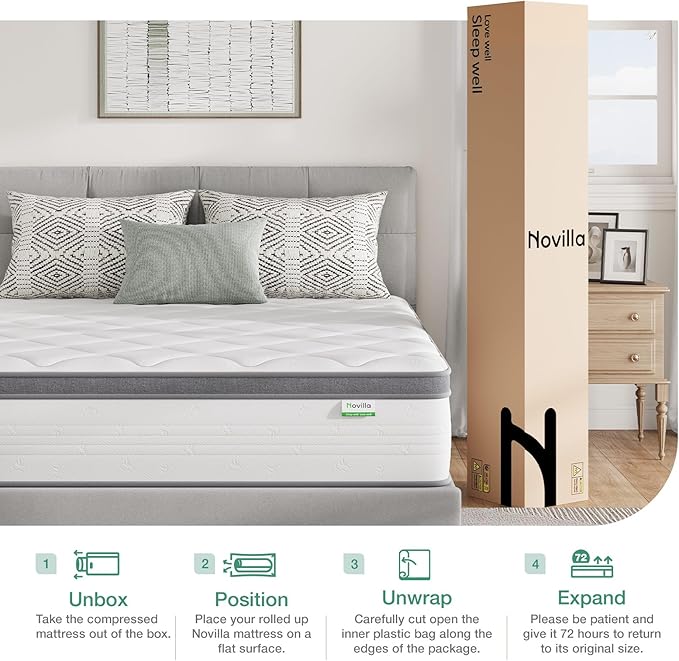 Novilla King Size Mattress,12 Inch King Mattress in a Box with Individually Pocket Innerspring, Pressure Relief & Motion Isolationt, Medium Firm Feel