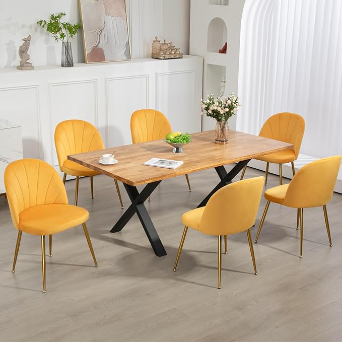 Velvet Dining Chairs Set of 2, Upholstered Mid Century Modern Dining Chairs, Armless Accent Chair with Metal Gold Legs for Living Room, Kitchen, Dining Room, Yellow