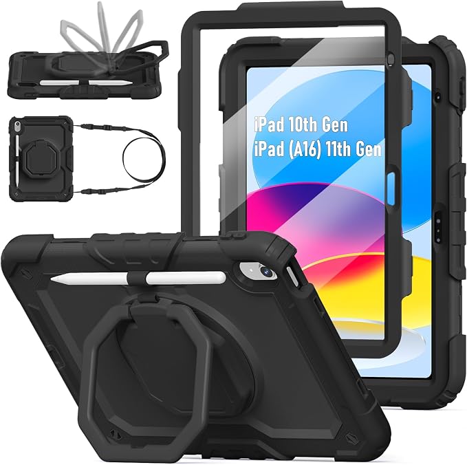 Case for iPad (A16) 11th/10th Generation 11/10.9 2025/2022 Black | Full-body Heavy Duty iPad A16 Case for Adults Kids with Screen Protector 360° Rotating Stand Shoulder Strap Pencil Holder