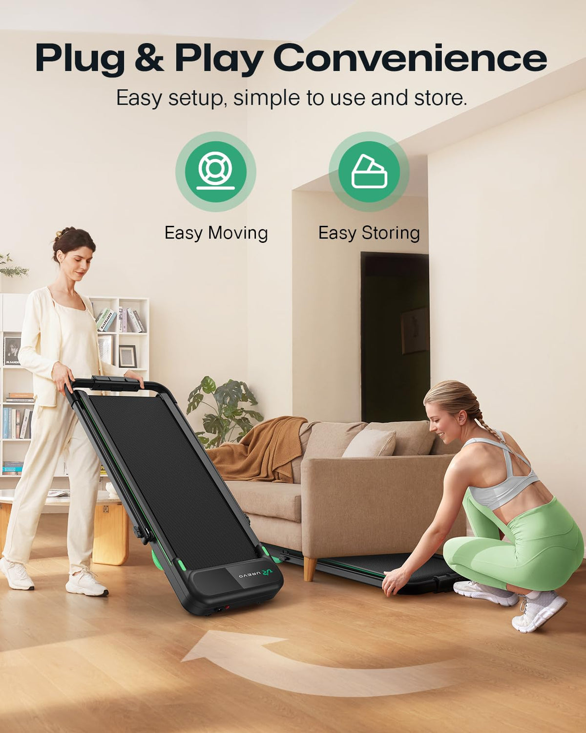 UREVO Strol 2E Smart 2-in-1 Folding Treadmill, Compact Walking Pad with Safety Handle, Plug and Play, Dual LED Display, Workout APP, Walking or Running for Home Office, Remote Included, Flaxen