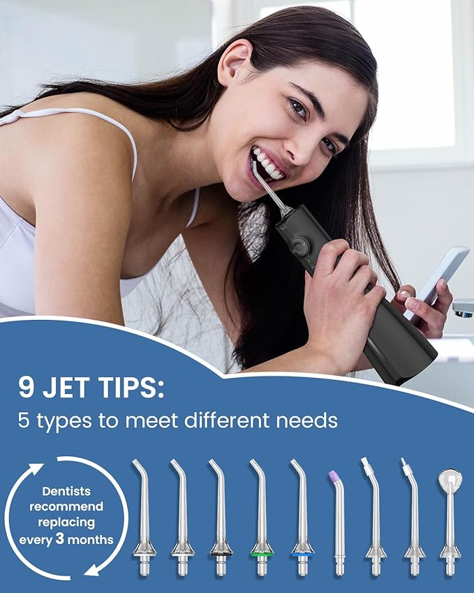 AUIEI Water Flosser Teeth Pick: 9 Jet Tips Cordless Oral Irrigator with 300ML, 5 Modes Portable Power Dental Flossers, IPX7 Waterproof Rechargeable Electric Waterflosser Machine for Home Travel, Black