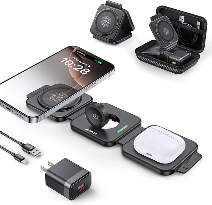 3-in-1 Foldable Magnetic Wireless Charging Station | for Apple Devices The Travel Desktop Organizer Compatible with iPhone 17-12 Seriesfor iWatch for AirPods Space-Saving Design