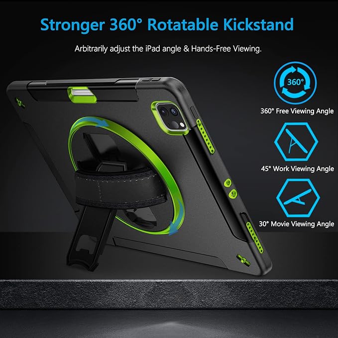 Miesherk Case for iPad Pro 12.9 Inch 6th/5th/4th GenShockproofGreen | Military Grade Heavy Duty Shockproof iPad Pro 12.9 Case - Rotating Stand Pencil Holder Hand/Shoulder Strap