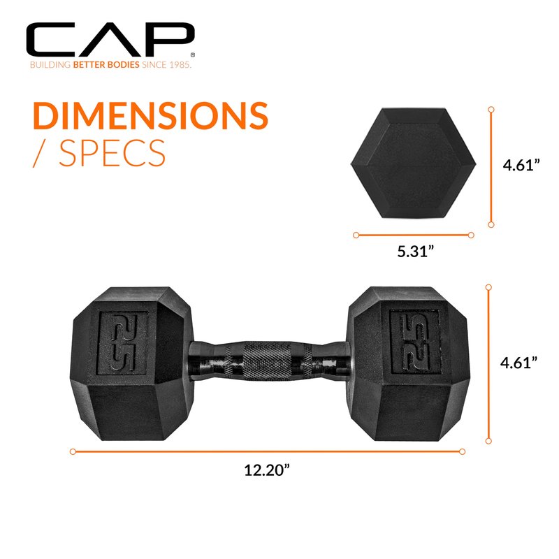 CAP 25 LB Rubber Coated Hex Dumbbell Weight, Rubber Free Weights for Home Gym Strength Training, Black Oxide Handle, Single