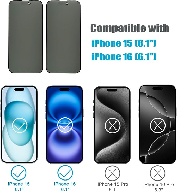 2 Pack Matte Privacy Screen Protector for iPhone 15 / iPhone 16 6.1 Inches Anti-spy Anti-glare Eye Protection Scratch Resistant Tempered Glass Film Full Coverage Smooth &amp Sensitive Touch