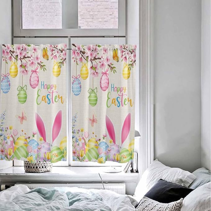 Happy Easter Kitchen Curtains 54 Inches Length, Spring Farmhouse Bunny Eggs