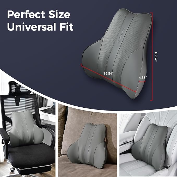 Coverado Lumbar Support Pillow for Car, Ergonomic Memory Foam Back Pillow for Office Chair, Back Cushion for Back Pain Relief, PU Leather Car Lumbar Support for Driving Seat - Gray