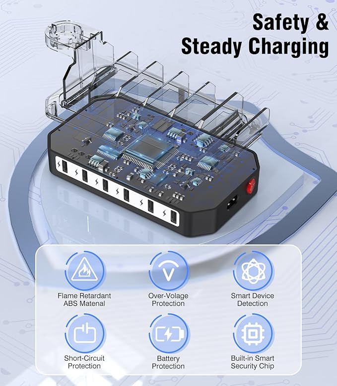 [2025 Upgraded] 6 IN 1 Fast Charging Station for Multiple Device【Durable & Safe Charging】6 Ports Charging Dock Organizer with 6 Cables & 2 Stands for Cellphone/Tablet/Kindle/iWatch & Other Electronic