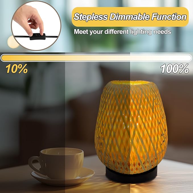Boho Woven Nightstand Table Lamp - Bamboo 3 Color Temperature Handmade Lamp for Bedroom, Living Room