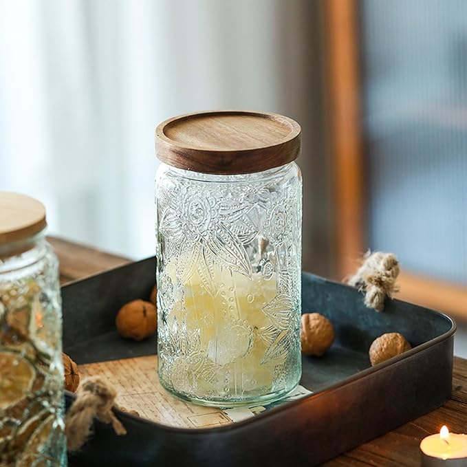 34 OZ Glass Storage Jar with Airtight Bamboo Wooden Lids, Vintage Food Containers Canisters Sets for Kitchen Counter Pantry, Sugar, Flour, Candy, Tea, Coffee Beans, Oats, Grain Bin, Pasta, Cereal