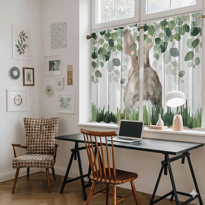 Easter Tier Curtains, Country Rabbit Botanical Leaves Wooden Grain Light