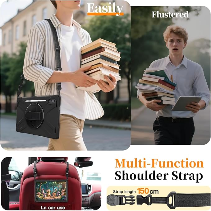 Case for Galaxy Tab S10 FE+ 13.1 2025 with Screen Protector+360 Rotating Hand Strap&ampStand+Shoulder Strap (Black)