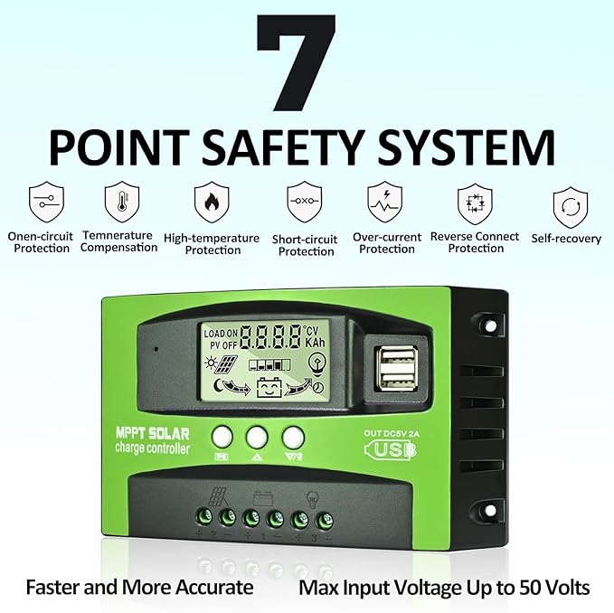 100A MPPT Solar Charge Controller 12v/24v Current Auto Focus MPPT Tracking Charge with LCD Display Dual USB Solar Regulator Charge Controller Multiple Load Control Modes