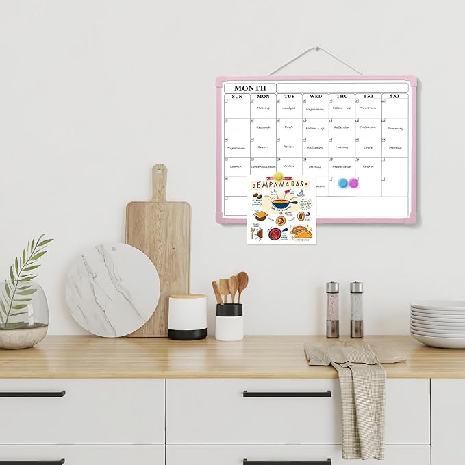 Pink Frame Whiteboard Calendar, 16" x 12" Plastic Dry Erase Board Calendar, Small Monthly Planner for Wall