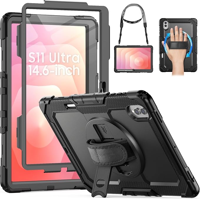HXCASEAC Case for Samsung Galaxy Tab S10+ Plus / S9 Fe+ / S9+ 5G 12.4 inch Protective with Screen Protector/S Pen Holder/ 360 Rotating Stand Hand Strap - Black