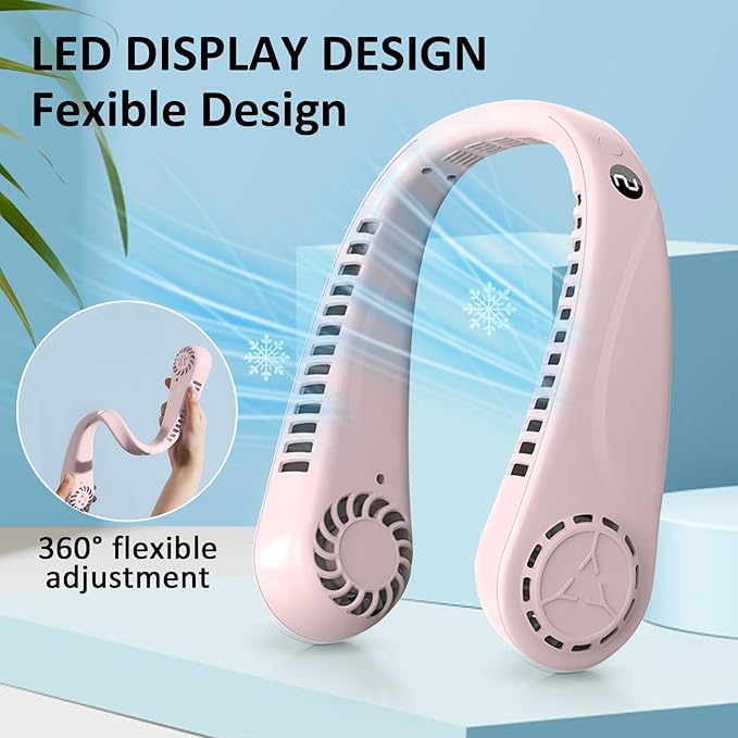 BIRDDIE Portable Bladeless Hanging Neck Fans with Screen Display and 5 Speeds Levels, USB Rechargeable, 360° Cooling Wearable Personal Fan for Work Travel Sport Outdoor (Pink)