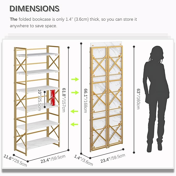 4NM 6 Tiers No Assembly Book Shelves, 61.8" H Folding Bookshelf Bookcase Open Industrial Foldable Shelves for Bedroom, Living Room, Home Office - White Gold