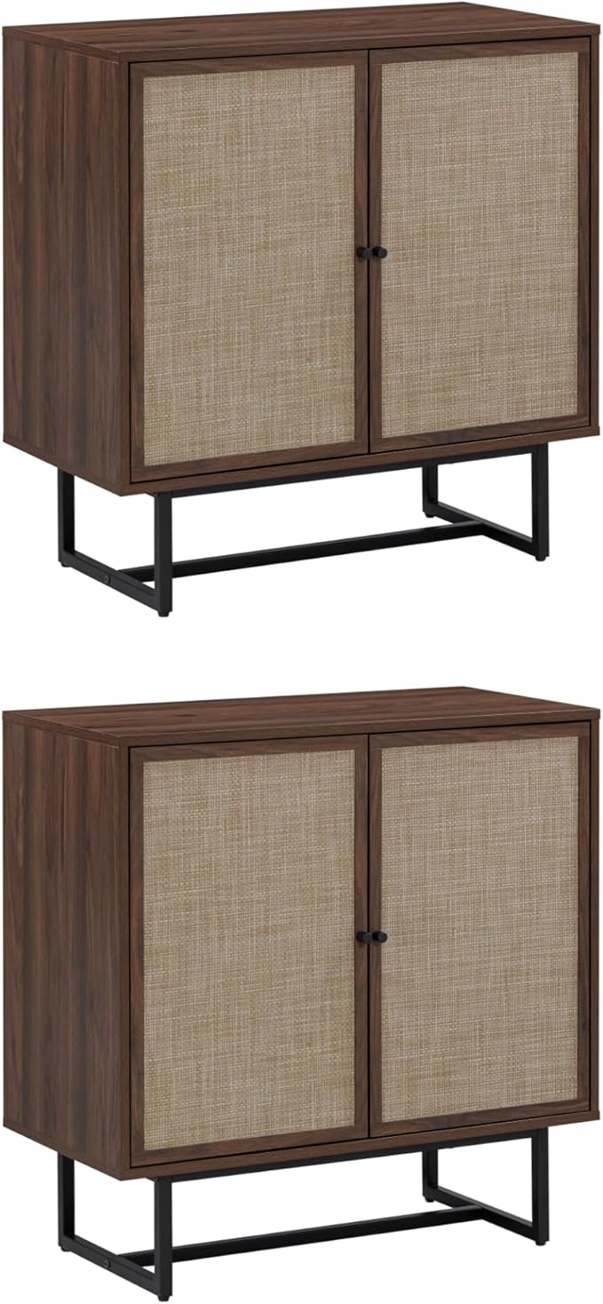 Nathan James Kova Bohemian Rattan Sideboard or TV Stand, Wooden Storage Cabinet with Doors, Walnut Sideboard Buffet or Rattan Accent Storage Cabinet with Matte Black Legs, Set of 2