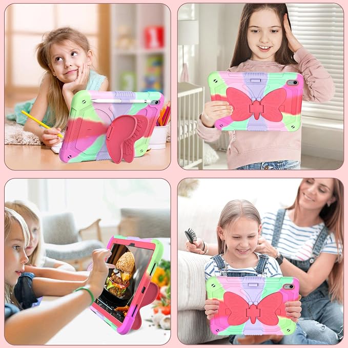 Ambison Kids Case for iPad A16 11th/10th Generation 11''/10.9'' Multicolor | 9H Tempered Glass Screen Protector Butterfly Stand Shoulder Strap Heavy DutyShockproof Pencil Holder