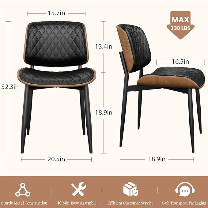 Dining Chairs Set of 8, Mid-Century Modern Upholstered PU Leather Chairs with Walnut Back and Metal Legs Adjustable Feet for Kitchen Dining Room, Black Diamond Plaid