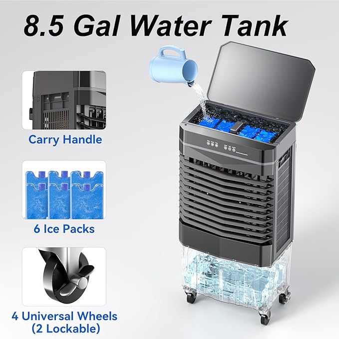 Auertech 8.5 Gal Swamp Cooler, 2800 CFM Portable Evaporative Air Cooler with 3 Speeds, Remote, 12H Timer, 120°Oscillation, Portable Air Coolers for Room, Garage, Bedroom