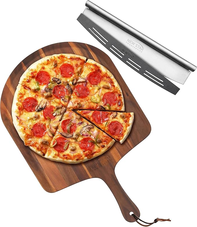 New Star Foodservice Stainless Steel Pizza Cutter (18") and Acacia Wood Pizza Peel (20") Combo Set