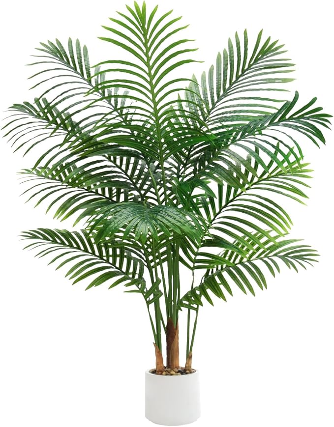 Artificial Palm Tree 4FT Faux Plants Indoor Tropical Fake Palm Tree Areca Floor Plant in White Pot with 13 Trunks & Real Bark Design, Faux Palm Plant for Outdoor Patio Home Room Office Decor
