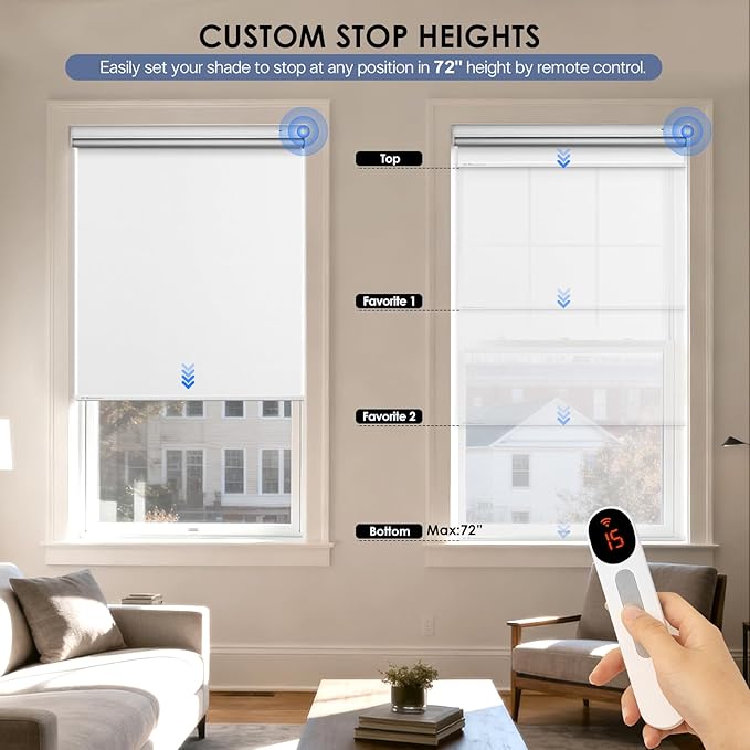 Motorized Blackout Smart Roller Blinds with Remote Control & Solar Panel - Automatic Electric Shades for Windows, Compatible with Alexa - White,30" W*72" H