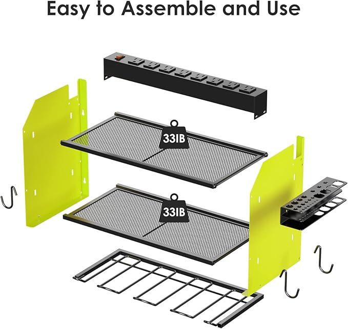 CCCEI Set Power Tool Organizer Wall Mount with Charging Station. Garage 4 Drill Storage Shelf with Hooks, Heavy Duty Metal Tool Battery Charger Organizer. Shop Utility Rack with Power Strip Green.