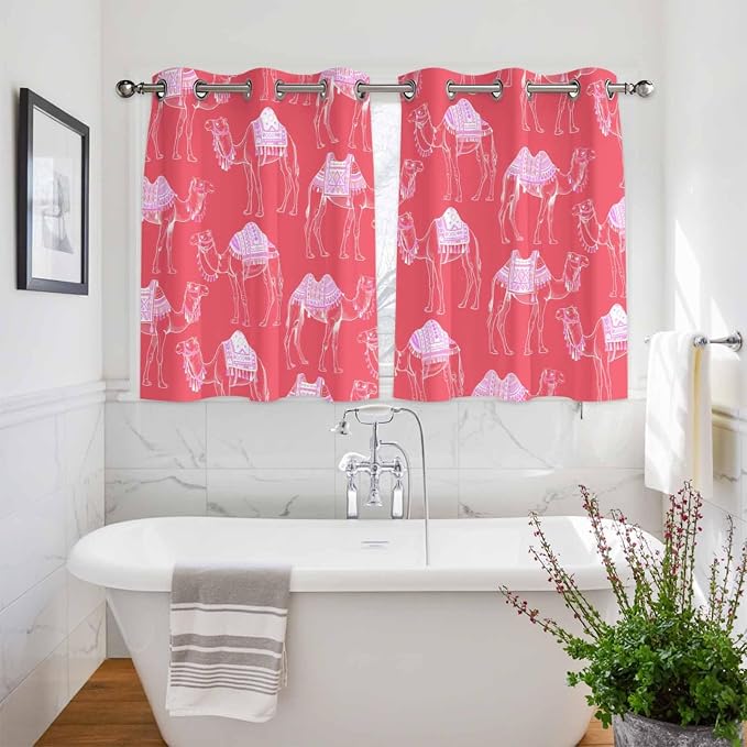 2 Panel Kitchen Cafe Curtains, Desert Camel Sunlight Filtering Nature Air