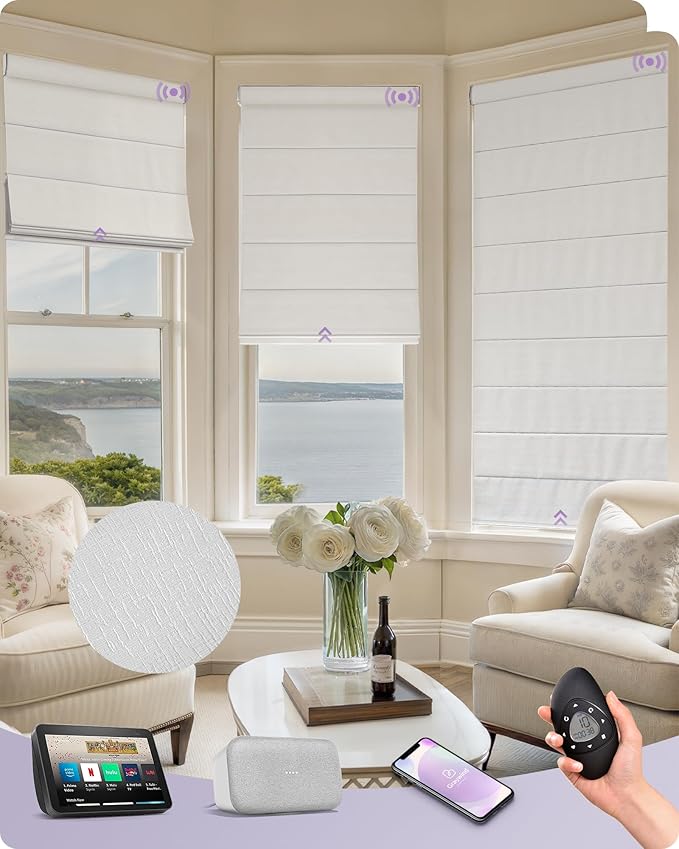 Graywind Smart Roman Shades 100% Blackout Compatible with Alexa Google Rechargeable Motorized Window Blinds Remote Control Room Darkening Plain Fold, Custom Size (Matelasse White)