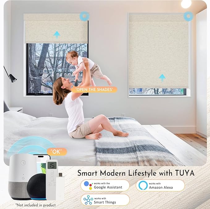 Persilux Smart Motorized Blinds with Remote, No Drill Automatic Roller Shades for Indoor Windows, Blackout Linen Fabric, Electric Blinds for Windows, Nature Cream C153BO-2, Custom Size