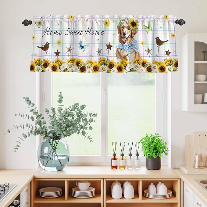 Kitchen Curtains Tiers and Valance Set of 3, Sunflowers Dog Light Filtering