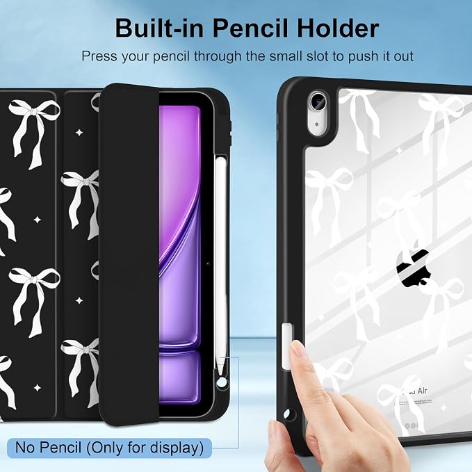 MecBevia Case for iPad Air 11-inch M4 2026 / M3 2025 / M2 2024 | Built-in Pencil Holder Shockproof Clear Hard Back Trifold Stand Auto Wake/Sleep Blue Bow