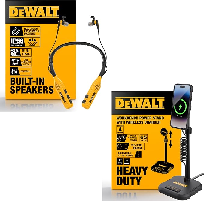DEWALT Heavy Duty Magnetic Wireless Charging Stand w/USB Ports 2-in-1 Neckband Bluetooth Headphones w/Built-in Speakers (Yellow) Bundle